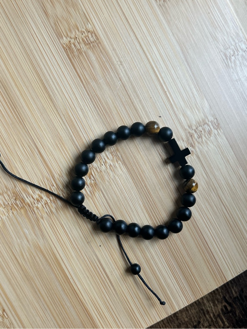 Matte Black Beaded Bracelet with Cross Accent